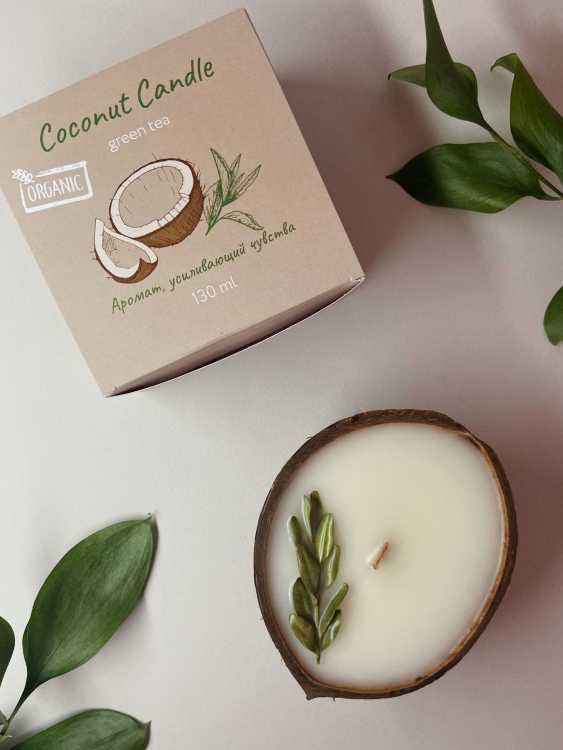 Натуральная свеча в кокосе TIME HEAT Green tea, 130 мл